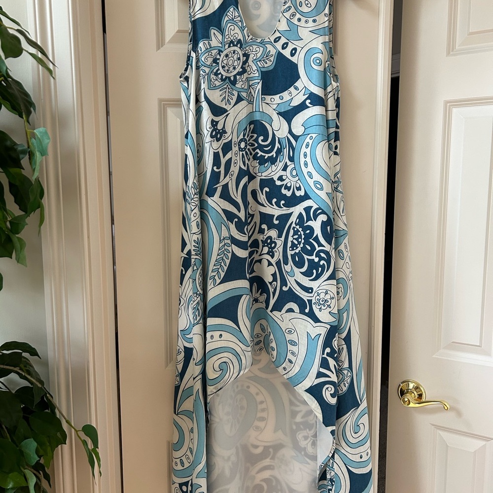 Blue and White Sleeveless Dress with high/low hemline. Perfect fSummer weddings